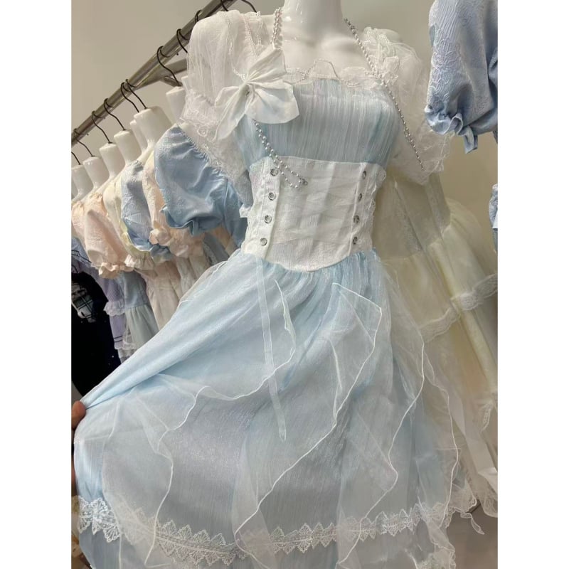 Rochie nouă în stil Lolita pentru femei, vară, retro franțuzesc, mâneci bufante, talie evidențiată, fustă cu volane