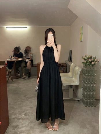 Rochie lungă, fără mâneci, în stil franțuzesc, halter, mărime mică, pentru vacanțe la plajă, vară 2025