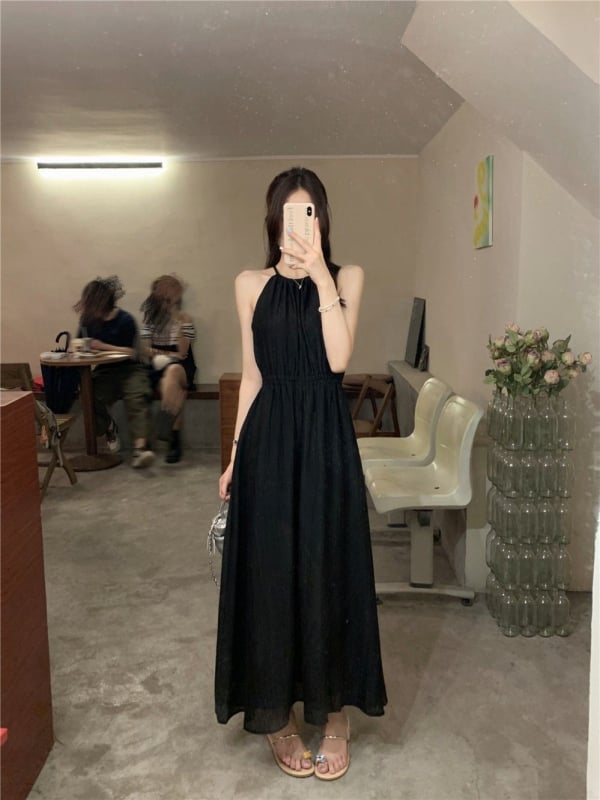 Rochie lungă, fără mâneci, în stil franțuzesc, halter, mărime mică, pentru vacanțe la plajă, vară 2025