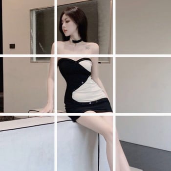 Rochie mini fără bretele, cu nasturi și bloc de culoare, croită strâns pe corp, 8705, piersică-negru