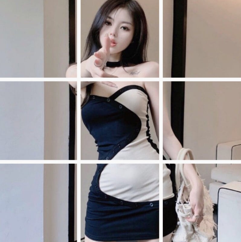 Rochie mini fără bretele, cu nasturi și bloc de culoare, croită strâns pe corp, 8705, piersică-negru