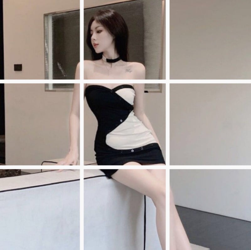 Rochie mini fără bretele, cu nasturi și bloc de culoare, croită strâns pe corp, 8705, piersică-negru