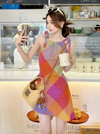 Dopamine Style rochie fără mâneci cu gât halter, carouri pentru femei, vară, design unic, talie strânsă, elegant