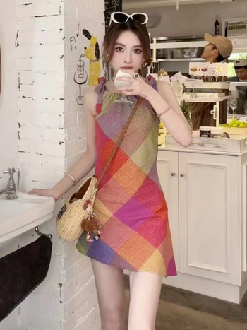 Dopamine Style rochie fără mâneci cu gât halter, carouri pentru femei, vară, design unic, talie strânsă, elegant