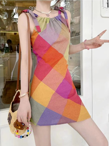 Dopamine Style rochie fără mâneci cu gât halter, carouri pentru femei, vară, design unic, talie strânsă, elegant