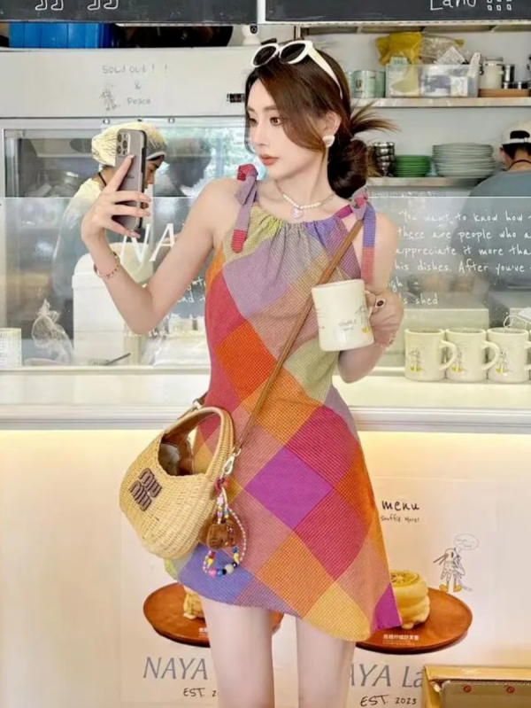 Dopamine Style rochie fără mâneci cu gât halter, carouri pentru femei, vară, design unic, talie strânsă, elegant