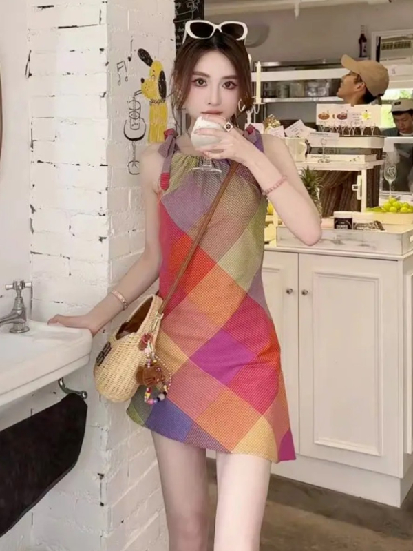 Dopamine Style rochie fără mâneci cu gât halter, carouri pentru femei, vară, design unic, talie strânsă, elegant