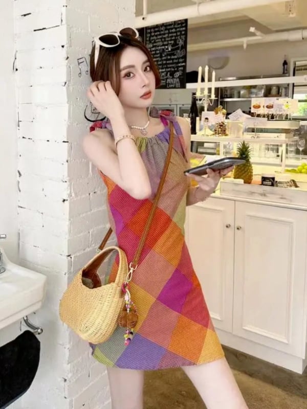Dopamine Style rochie fără mâneci cu gât halter, carouri pentru femei, vară, design unic, talie strânsă, elegant