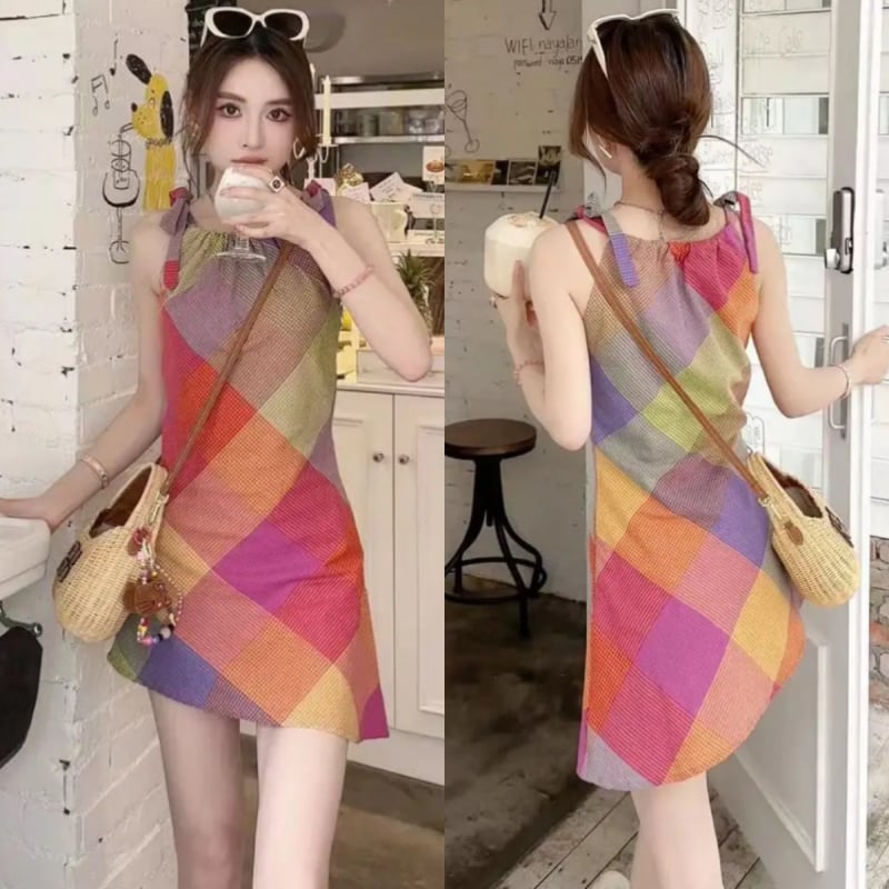 Dopamine Style rochie fără mâneci cu gât halter, carouri pentru femei, vară, design unic, talie strânsă, elegant