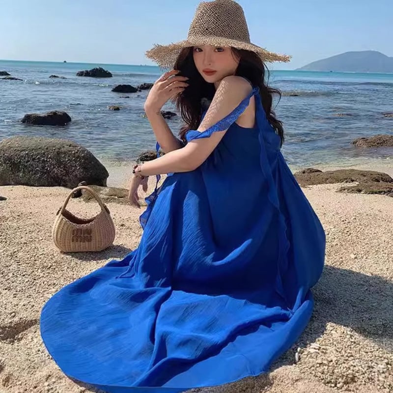 Rochie albastră fără mâneci, cu bretele, lungă, de vară, în stil franțuzesc, pentru stațiune la malul mării