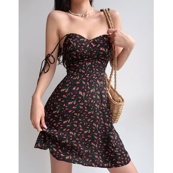 Rochie florală în linie A, fără mâneci, bretele subțiri, decolteu în V, rochie scurtă de plajă