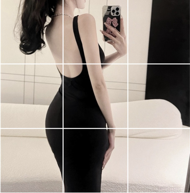 Rochie fără mâneci cu decolteu drept, croială mulată, neagră, rochie de vară pentru femei, model 8983, detaliu pe spate