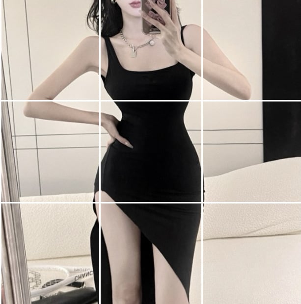 Rochie fără mâneci cu decolteu drept, croială mulată, neagră, rochie de vară pentru femei, model 8983, detaliu pe spate