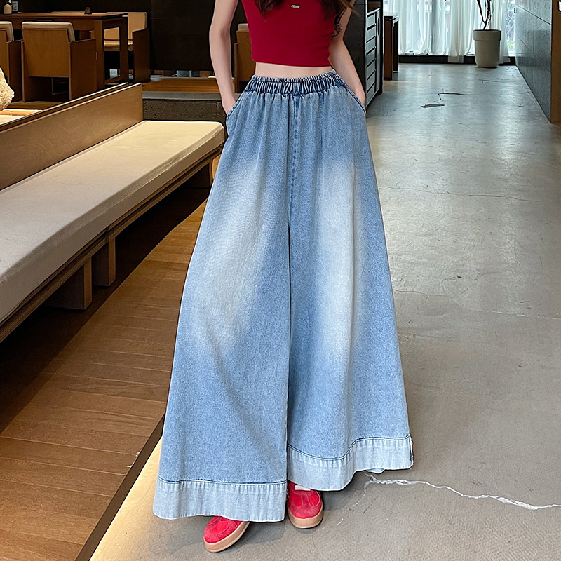 Jeansi de primăvară vintage cu margine rulată, croială dreaptă pentru femei, stil american, croială lejeră, wide-leg