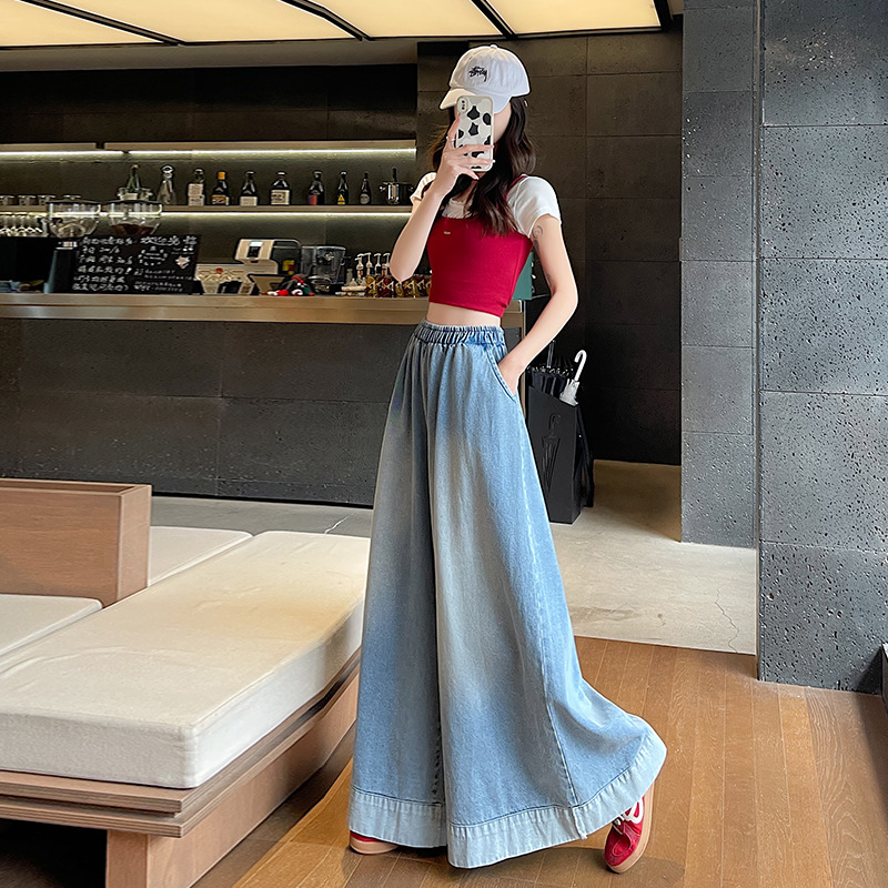 Jeansi de primăvară vintage cu margine rulată, croială dreaptă pentru femei, stil american, croială lejeră, wide-leg