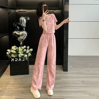 Set sport casual în stil coreean pentru femei, vară 2025, bluza roz cu mânecă scurtă și pantaloni largi, set din două piese