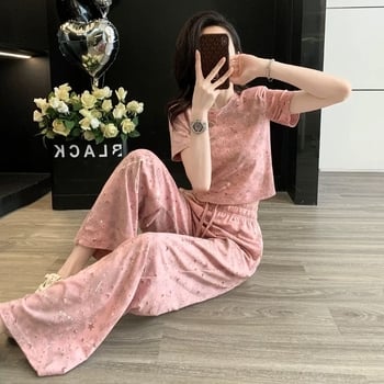 Set sport casual în stil coreean pentru femei, vară 2025, bluza roz cu mânecă scurtă și pantaloni largi, set din două piese