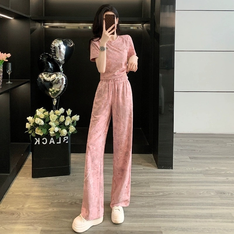 Set sport casual în stil coreean pentru femei, vară 2025, bluza roz cu mânecă scurtă și pantaloni largi, set din două piese