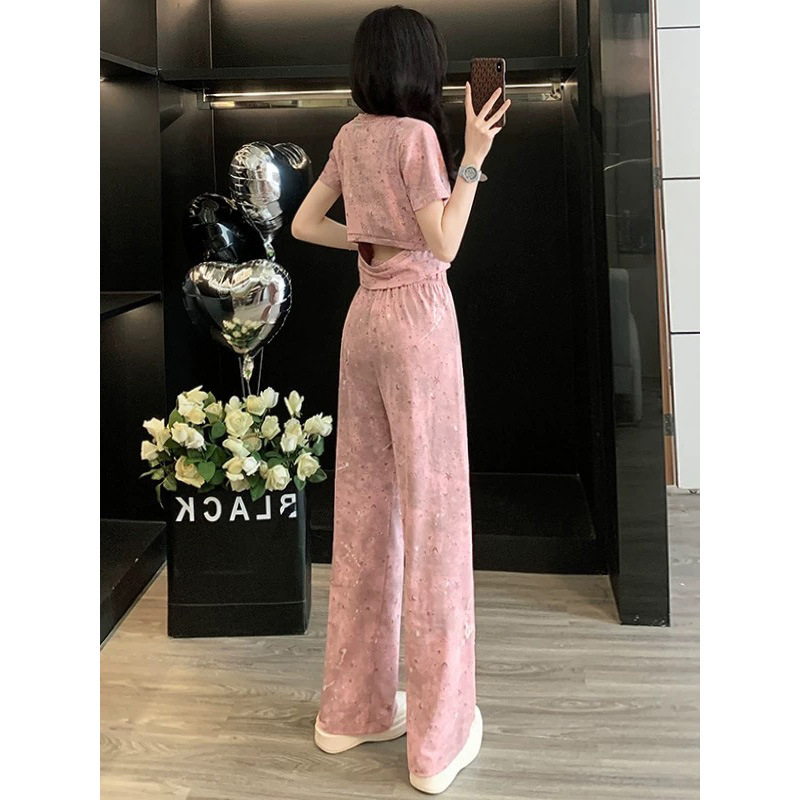 Set sport casual în stil coreean pentru femei, vară 2025, bluza roz cu mânecă scurtă și pantaloni largi, set din două piese