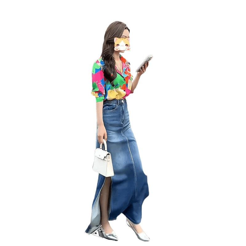 2025 Set: cămașă cu mâneci lungi în imprimeu floral în contrast și fustă din denim cu talie înaltă