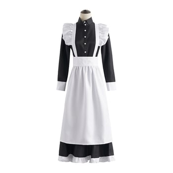 Costum cosplay de menajeră alb-negru, clasic, cu bordură de perle, lung, în stil britanic pentru cafenea