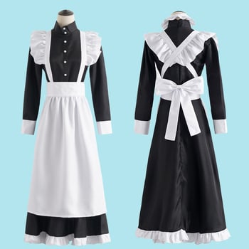 Costum cosplay de menajeră alb-negru, clasic, cu bordură de perle, lung, în stil britanic pentru cafenea