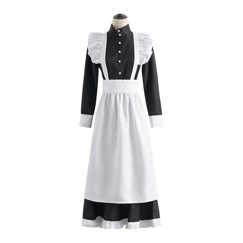 Costum cosplay de menajeră alb-negru, clasic, cu bordură de perle, lung, în stil britanic pentru cafenea