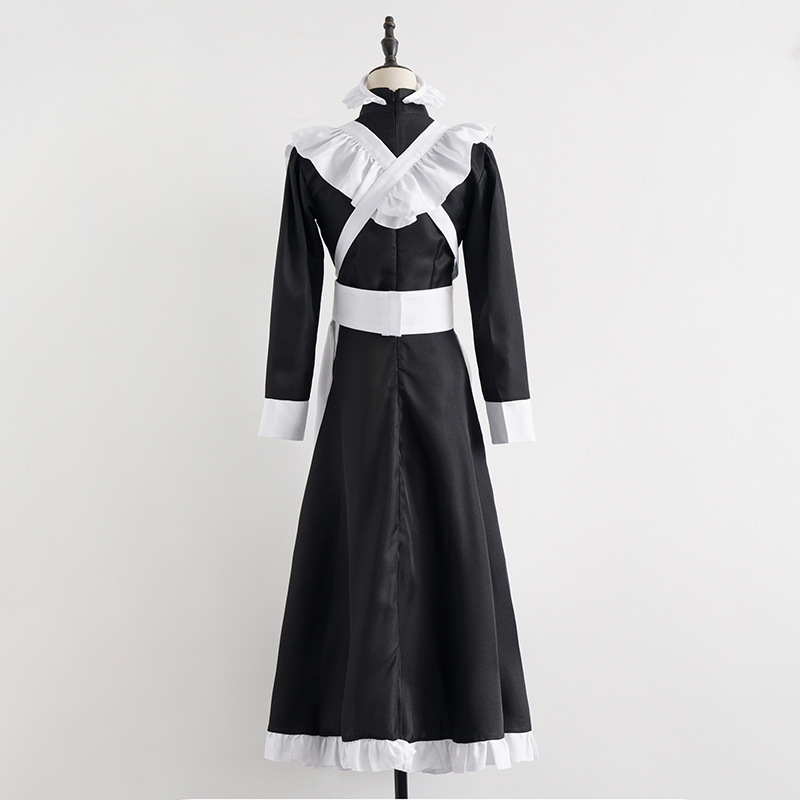 Costum cosplay de menajeră alb-negru, clasic, cu bordură de perle, lung, în stil britanic pentru cafenea
