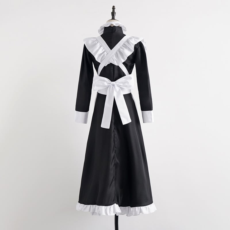 Costum cosplay de menajeră alb-negru, clasic, cu bordură de perle, lung, în stil britanic pentru cafenea