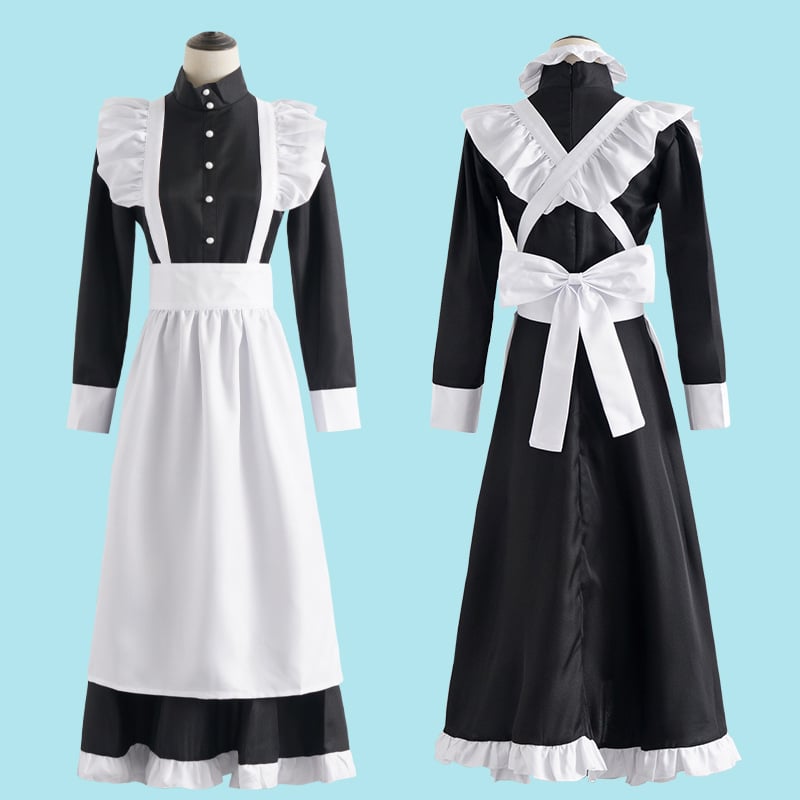 Costum cosplay de menajeră alb-negru, clasic, cu bordură de perle, lung, în stil britanic pentru cafenea