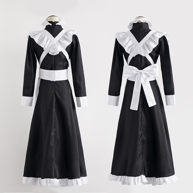Costum cosplay de menajeră alb-negru, clasic, cu bordură de perle, lung, în stil britanic pentru cafenea