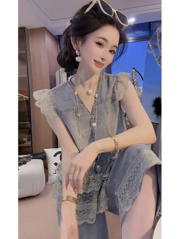 Set de denim casual pentru femei, vestă din denim cu dantelă în V și pantaloni cropped cu croi larg, două piese, stil primăvară-vară