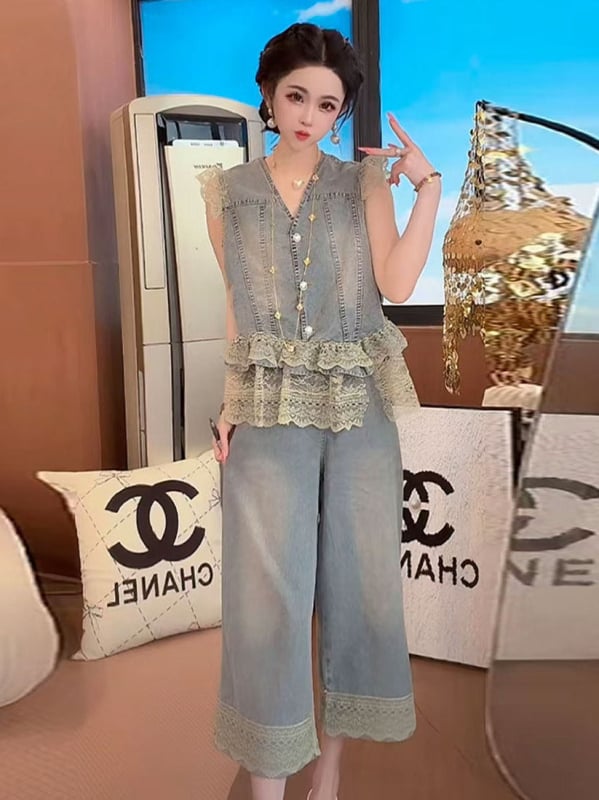Set de denim casual pentru femei, vestă din denim cu dantelă în V și pantaloni cropped cu croi larg, două piese, stil primăvară-vară