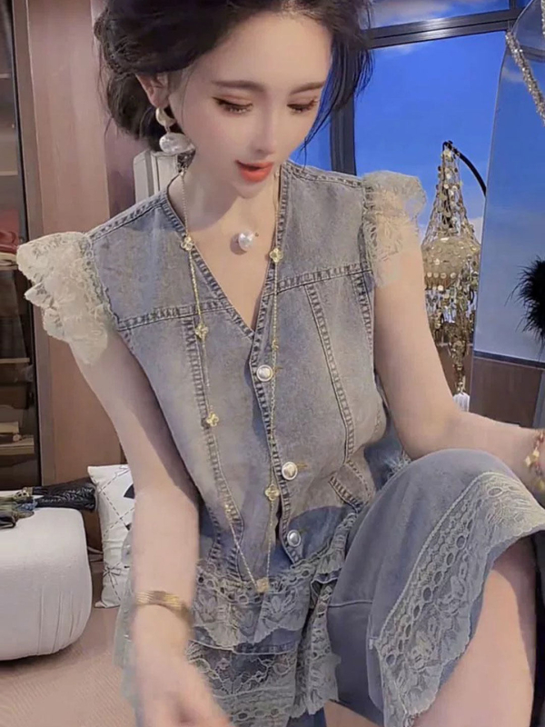 Set de denim casual pentru femei, vestă din denim cu dantelă în V și pantaloni cropped cu croi larg, două piese, stil primăvară-vară