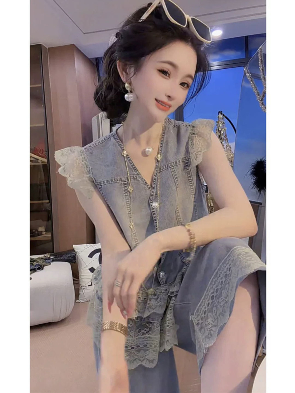 Set de denim casual pentru femei, vestă din denim cu dantelă în V și pantaloni cropped cu croi larg, două piese, stil primăvară-vară