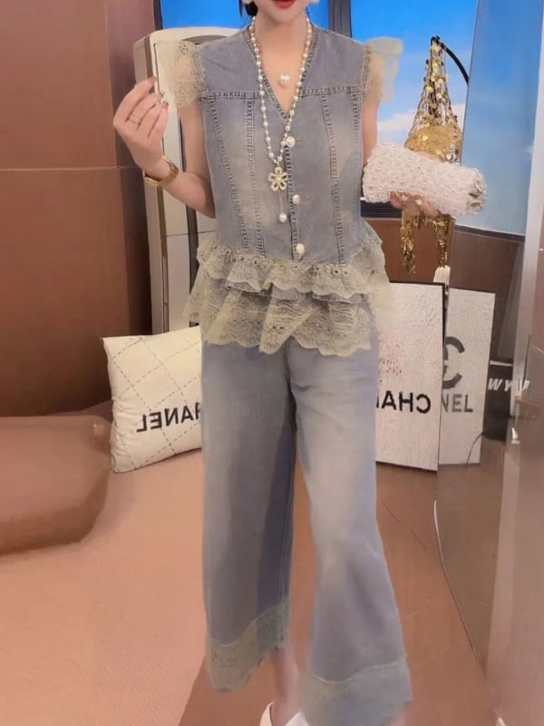 Set de denim casual pentru femei, vestă din denim cu dantelă în V și pantaloni cropped cu croi larg, două piese, stil primăvară-vară