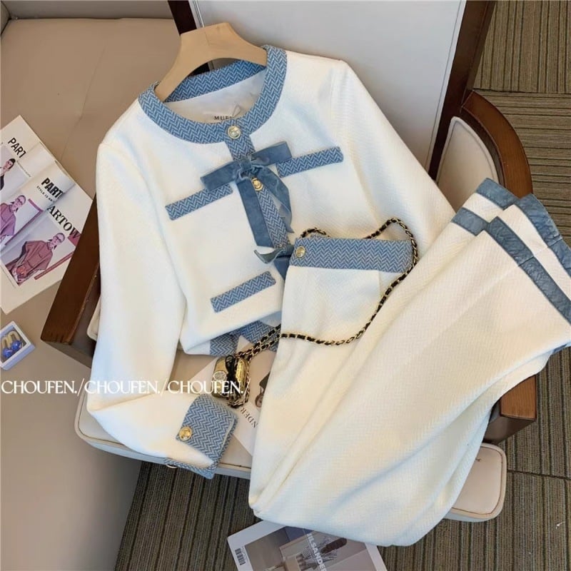 Costum casual pentru femei, în stil Chanel, rochie și pantaloni largi, toamnă 2024