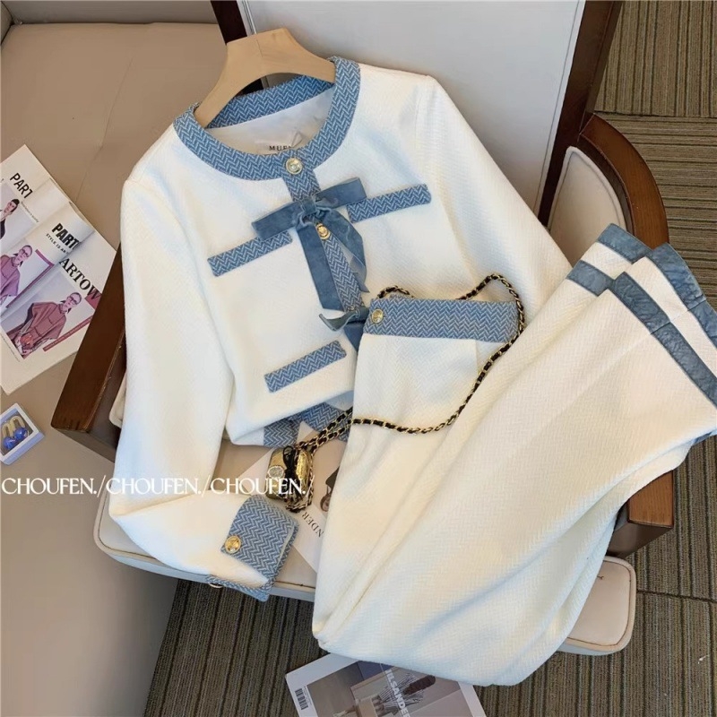 Costum casual pentru femei, în stil Chanel, rochie și pantaloni largi, toamnă 2024