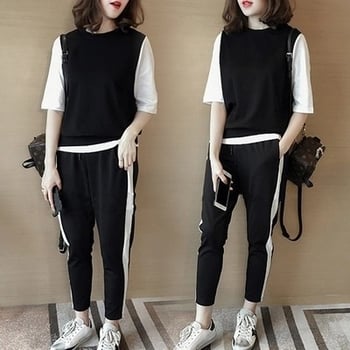 Set două piese tricou cu mânecă scurtă în blocuri de culoare și pantaloni hareem casual
