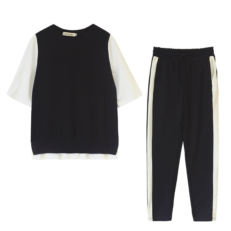 Set două piese tricou cu mânecă scurtă în blocuri de culoare și pantaloni hareem casual