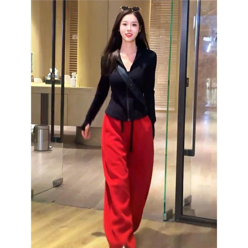 Compleu cardigan în stil coreean pentru femei, rever negru, set sport casual din două piese pentru primăvară și toamnă 2025.