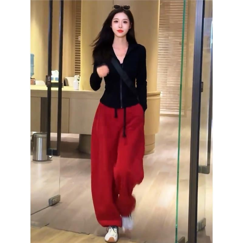 Compleu cardigan în stil coreean pentru femei, rever negru, set sport casual din două piese pentru primăvară și toamnă 2025.