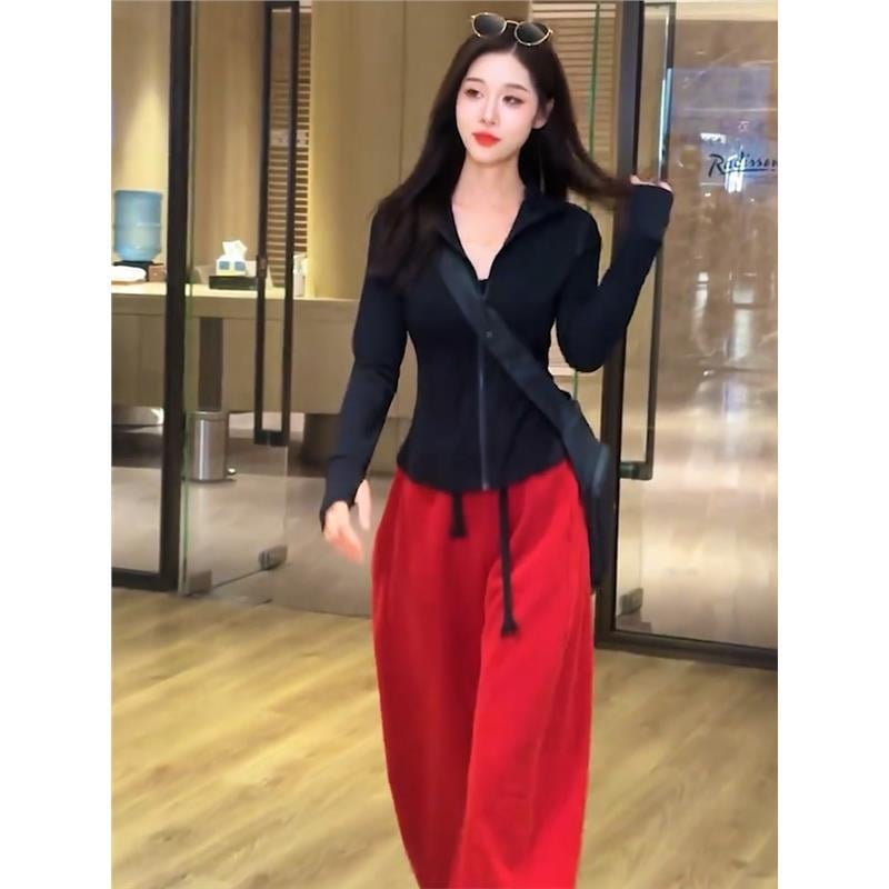 Compleu cardigan în stil coreean pentru femei, rever negru, set sport casual din două piese pentru primăvară și toamnă 2025.