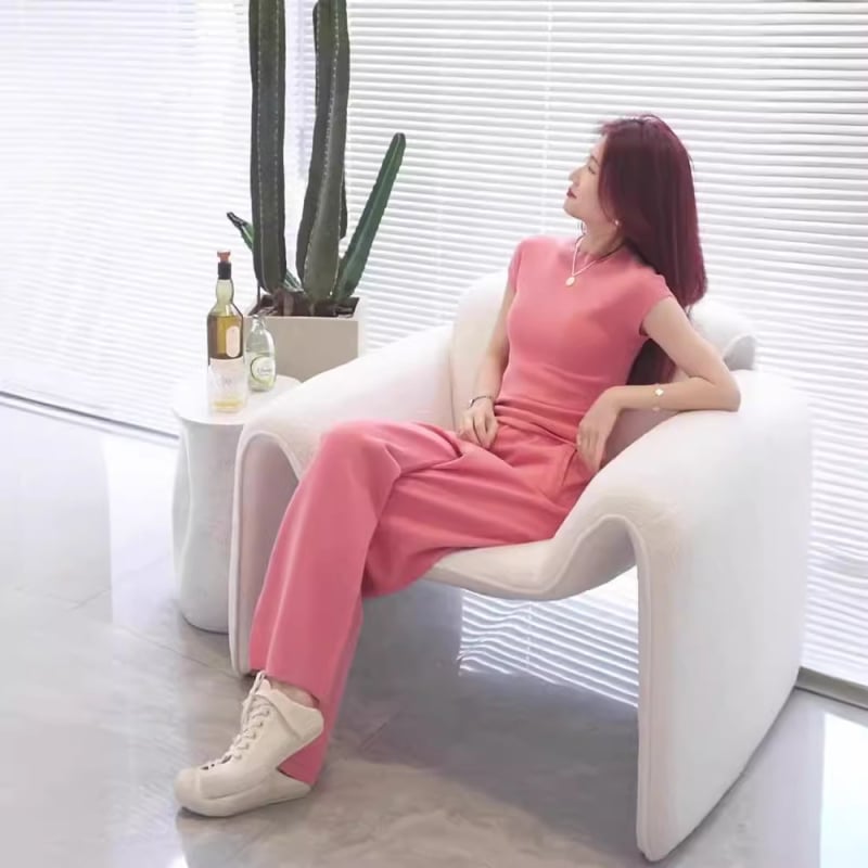 Roz pentru femei, set din două piese în stil coreean, lejer, croi slim, bumbac