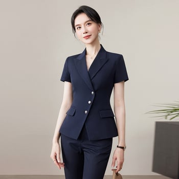 Costum gri pentru femei, cu mâneci scurte, pentru uniformă profesională: recepție hotel, bijuterii, salon de înfrumusețare, magazin de aur și profesoară