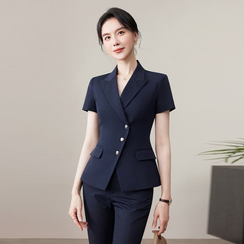 Costum gri pentru femei, cu mâneci scurte, pentru uniformă profesională: recepție hotel, bijuterii, salon de înfrumusețare, magazin de aur și profesoară