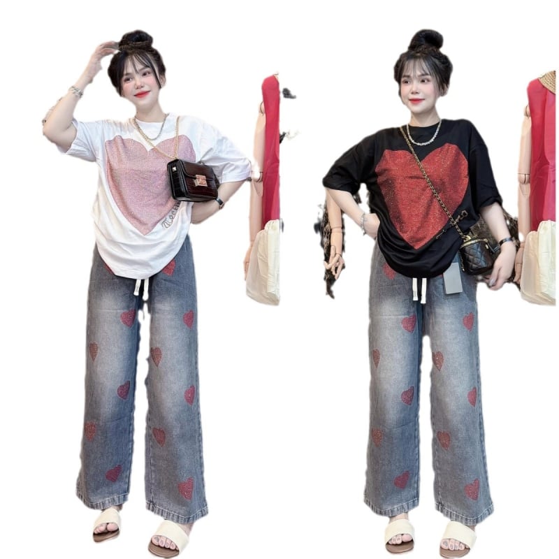Set de vară pentru femei, în stil american: imprimeu inimă, mâneci scurte, milksilk, pantaloni largi, set casual din două piese, plus size