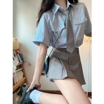 Set feminin: rochie-bluză cu dungi, stil colegial, uniformă JK, inspirație japoneză/coreeană, fustă plisată scurtă.