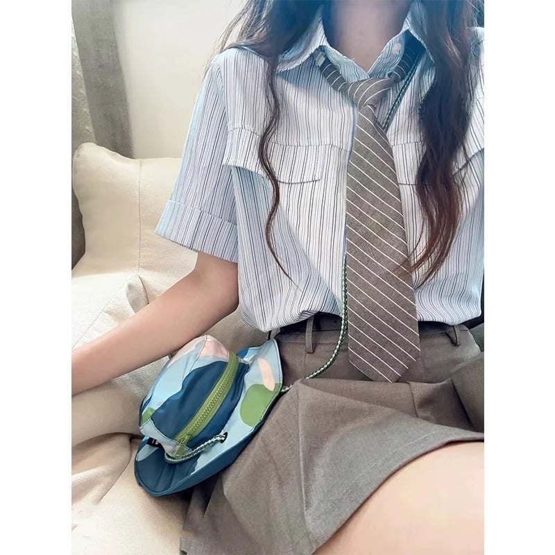 Set feminin: rochie-bluză cu dungi, stil colegial, uniformă JK, inspirație japoneză/coreeană, fustă plisată scurtă.