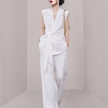 Set costum alb pentru femei, din două piese, fără mâneci, stil profesional elegant, 2025